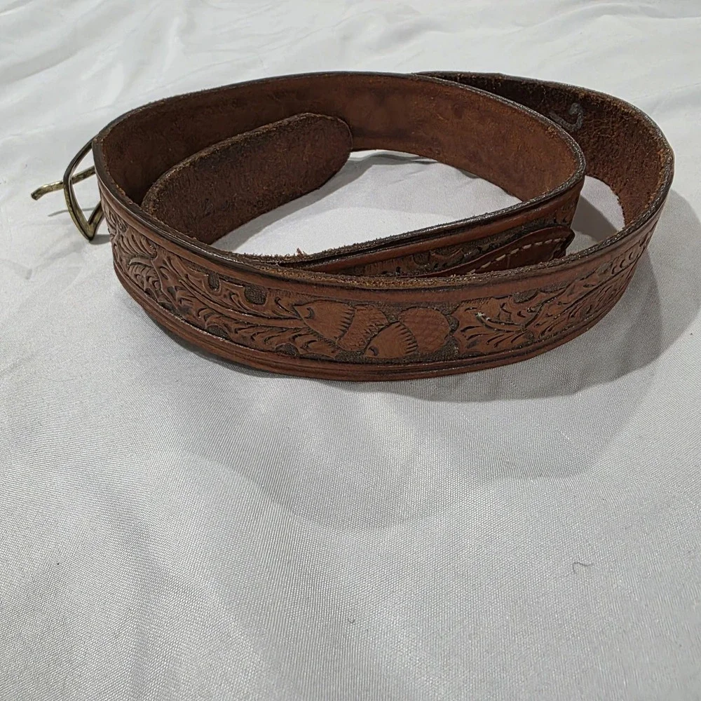 Vintage Mens Tooled Leather Belt 37‎ Inches Brown Leaves Acorns Outdoor Western